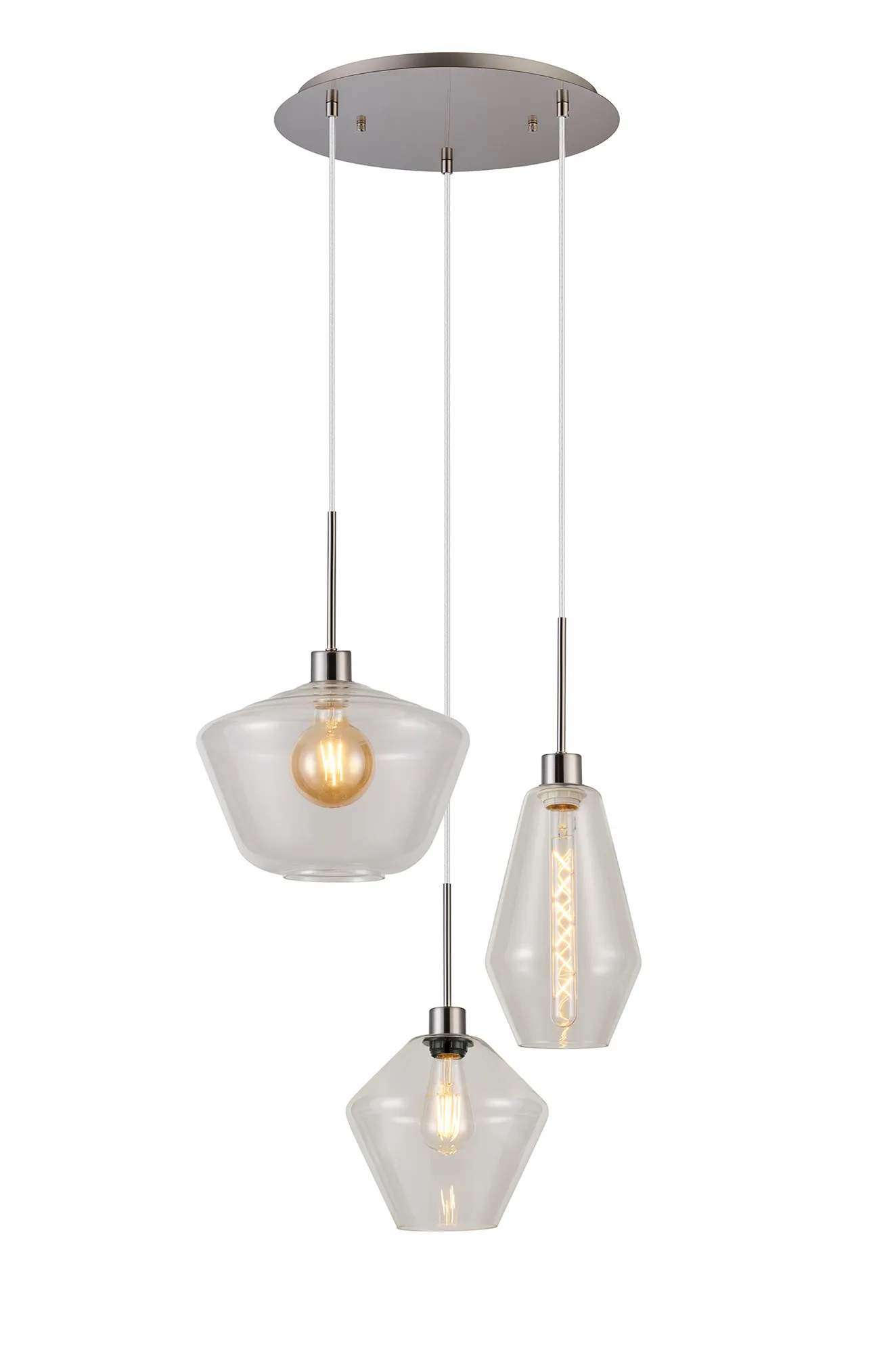 DK1373  Lori 40cm Round Pendant, 3 Light Adjustable E27, Satin Nickel/Clear Hexagonal Diamond Kite Shades